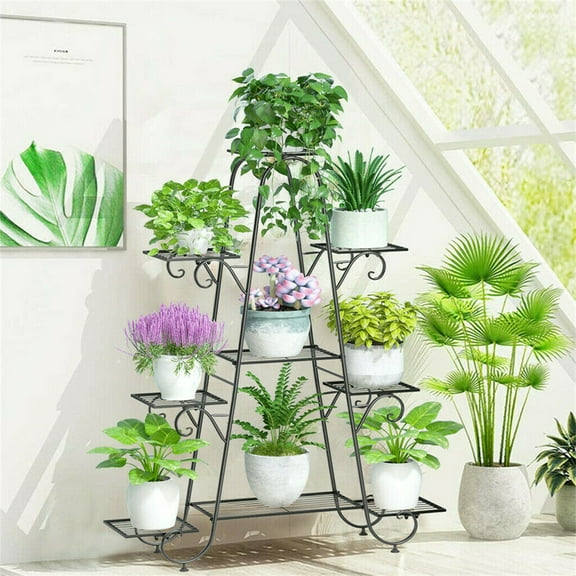 unho 7 Tier Plant Stands Indoor Metal Plant Shelf Stand Black Multilayer Potted Planters Display Rack Patio Garden