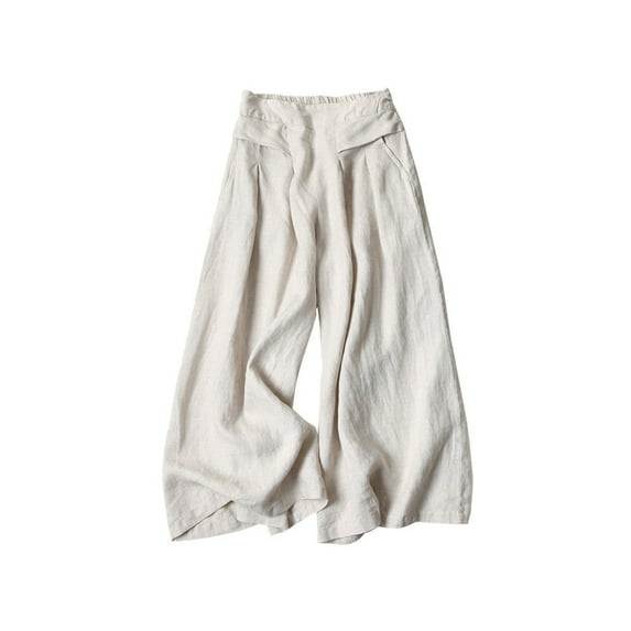 Lentta Women's Culottes Linen Cropped Wide Leg Pants Elastic Waist Casual Palazzo Trousers with Pockets (Beige-XXL)