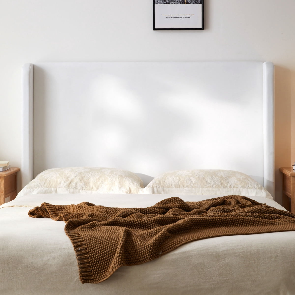 Luckynote Upholstered Wingback Platform Bed, King Frame with 52.3" Headboard, No Box Spring Needed, Minimalist Quiet Micro Suede Design for Master Bedroom, Coconut