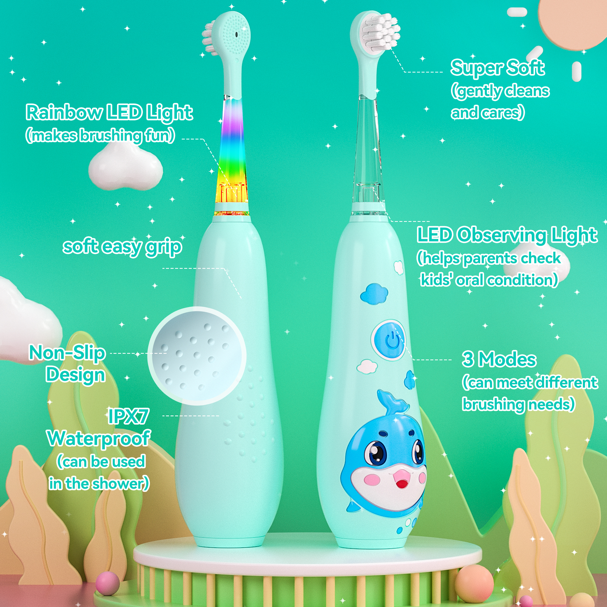 Seago Rechargeable Kids Electric Toothbrush,LED Observing Light,8 Brush Heads,for Kids 3-8 ，SG-2139 Blue