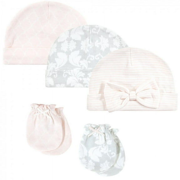 Hudson Baby Infant Girl Cotton Cap and Scratch Mitten Set, Damask, 0-6 Months