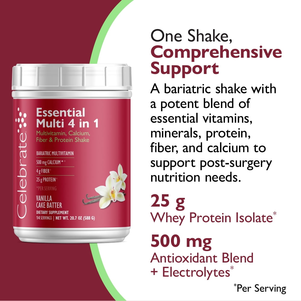 Celebrate Vitamins 4-in-1 Bariatric Multivitamin with Calcium Protein Shake, Vanilla Cake, 20 oz. tub