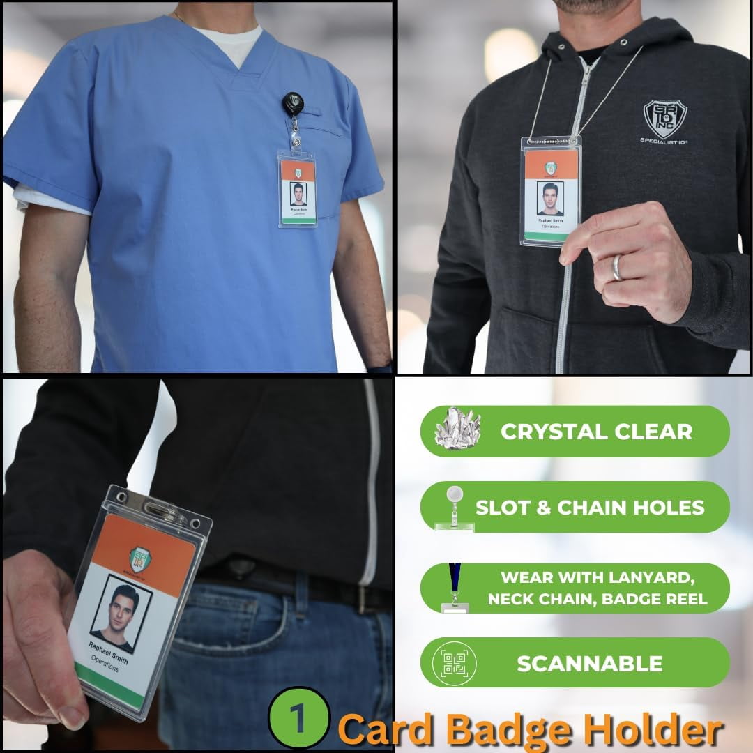 Bulk 50 Pack - Crystal Clear Heavy Duty Badge Holder - Vertical Hard Plastic ID Badge Holder for Badges - Rigid Case Single I'd Protector Access Card Holder for Lanyards, Clips & Reels - Specialist ID