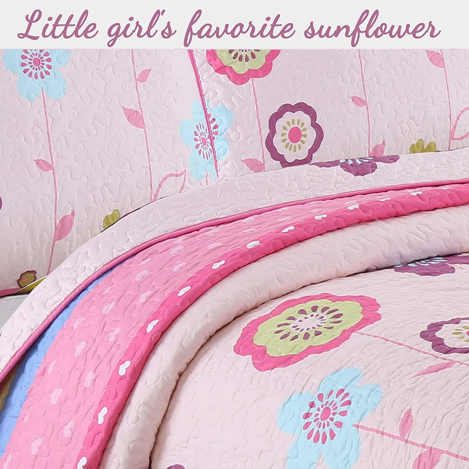 Cozy Line Microfiber Reversible Girls Coverlet Bedspread Quilt Set with Shams (Flower Garden, Queen - 3 Pieces)