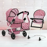 Bayer Design Dolls: Cozy 3 Piece Set - Pink, White, Stars - Folding Pram, Highchair, Shoulder Bag, Accessory Set For Dolls Up To 18, Kids Toy, Age 3+