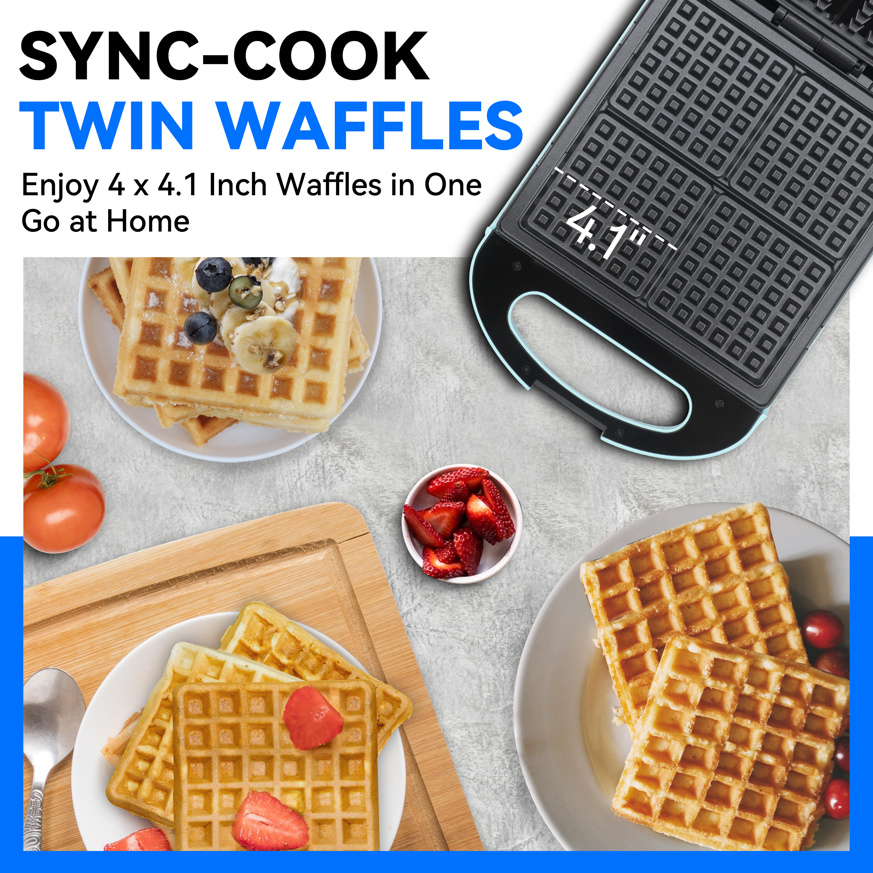 Mailand 4-Slice Belgian Waffle Maker, Square Waffle Iron, Classic Waffle Wafflera with Non Stick Coating, 1000W, Aqua