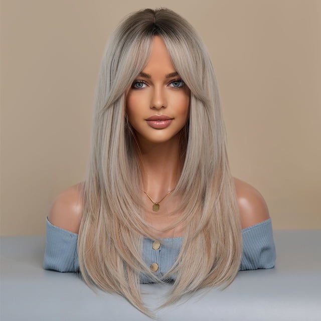 Long Wig Human Hair with Bangs and Wig Cap Glueless Straight Curly Natural Layered Synthetic Wigs 25 Inch
