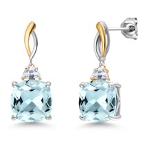 Gem Stone King 925 Silver and 10K Yellow Gold Sky Blue Simulated Aquamarine and White Moissanite Earrings for Women | 12.46 Cttw | Gemstone March Birthstone | Cushion 12MM