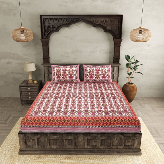 JAIPUR FABRIC® 254 TC 100% Pure Cotton Floral Printed Double bedsheet With 2 Pillow Covers (118 X 118 Inches), Multicolor