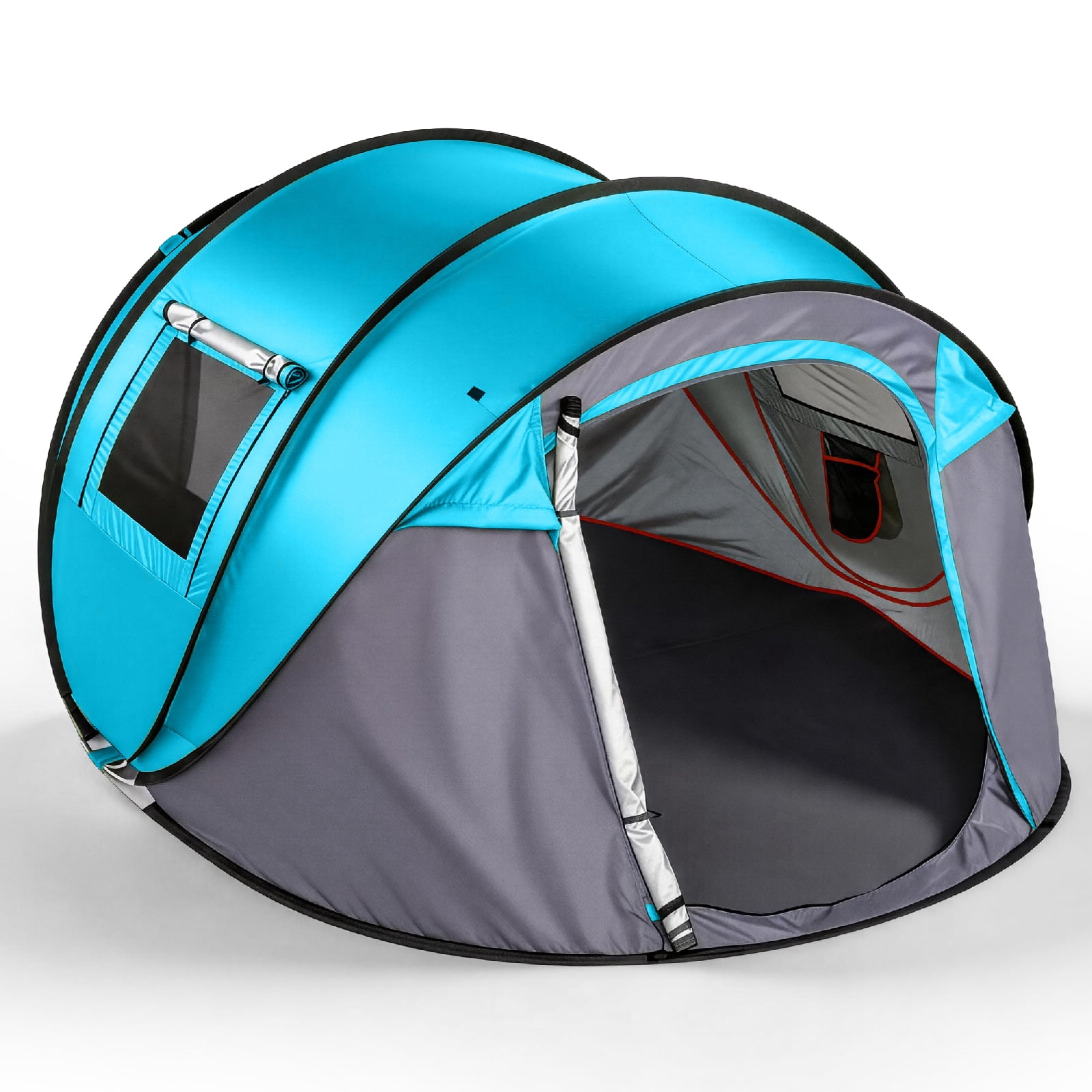3-4 Person Instant Pop-Up Camping Tent, Waterproof 210T Polyester Tent with Front Awning, Dual Mesh Doors & Storage Pockets, Portable for Camping Beach Festival Backyard