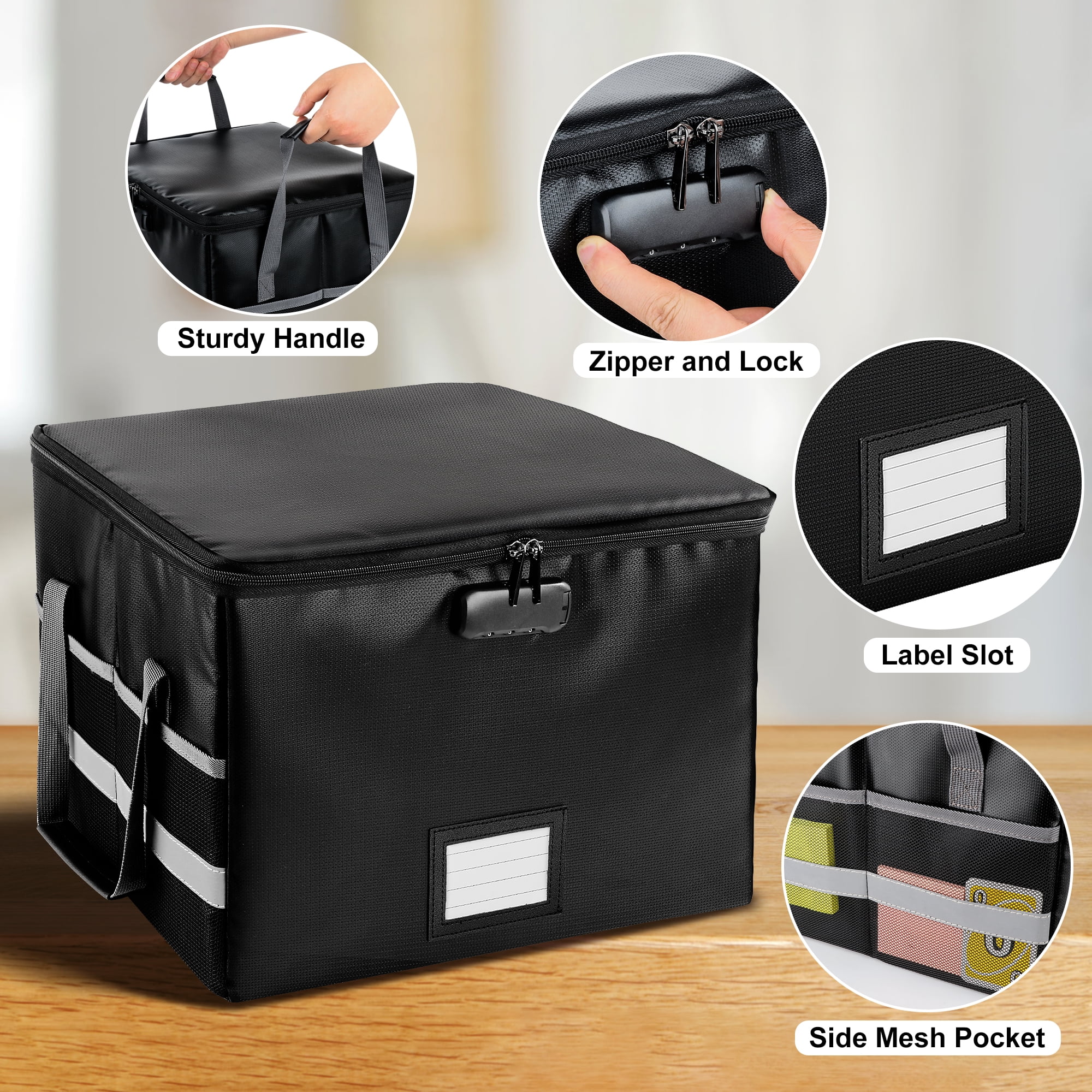 Kusmil File Box with Lock, Fireproof File Document Organizer for Home Office Hanging Letter/Legal Folder (Black)