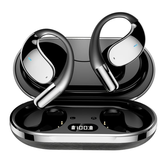Open Ear Bluetooth 5.4 Earbuds, 2024 Wireless Headphones Sport Over Earphones Built-in Mic with Ear Hooks 60H Playtime Ear Buds LED Display Charging Case, Waterproof Design for Running Fitness, Black