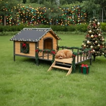 Pefilos 67" Wood Dog House for Medium Dogs, Outdoor and Indoor Cat Shelter, Weatherproof Pet Kennel with Porch, Beige