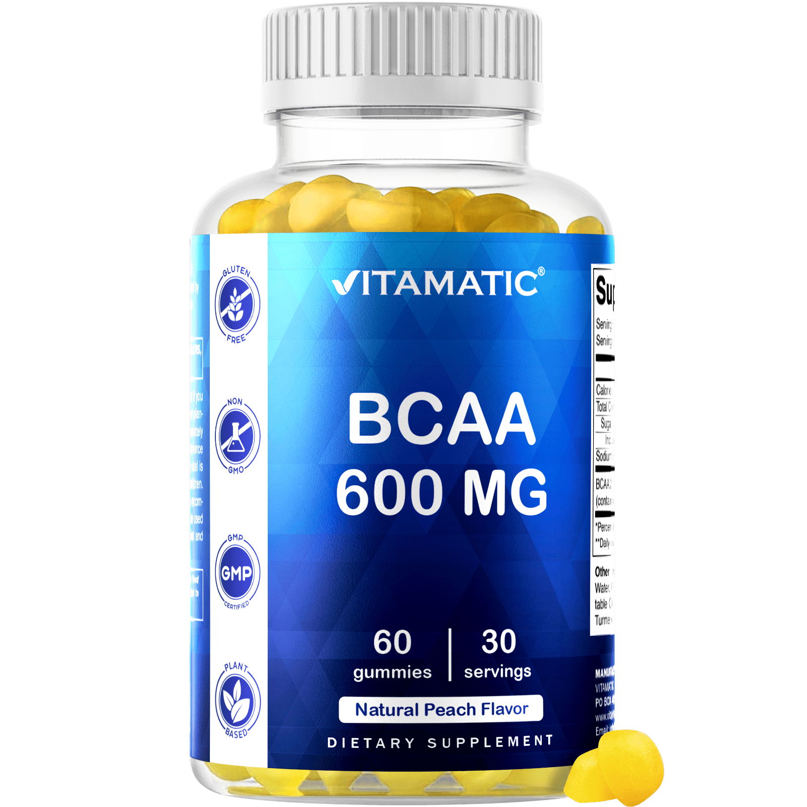 Vitamatic BCAA Gummies - Branch Chain Amino Acid Supplements - Peach Flavor - 600mg per Serving - 60 Vegan Pectin Based Gummies