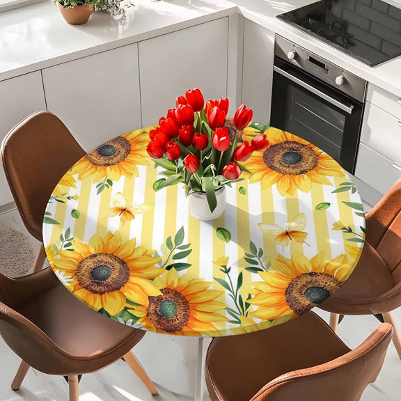 Sunflower Elastic Fitted Round Tablecloth Daisy Butterfly Leaf Yellow Stripes Waterproof Outdoor Table Cover for Holiday Party, Picnic, Patio & Dining Fits Tables Up to 36"-44"
