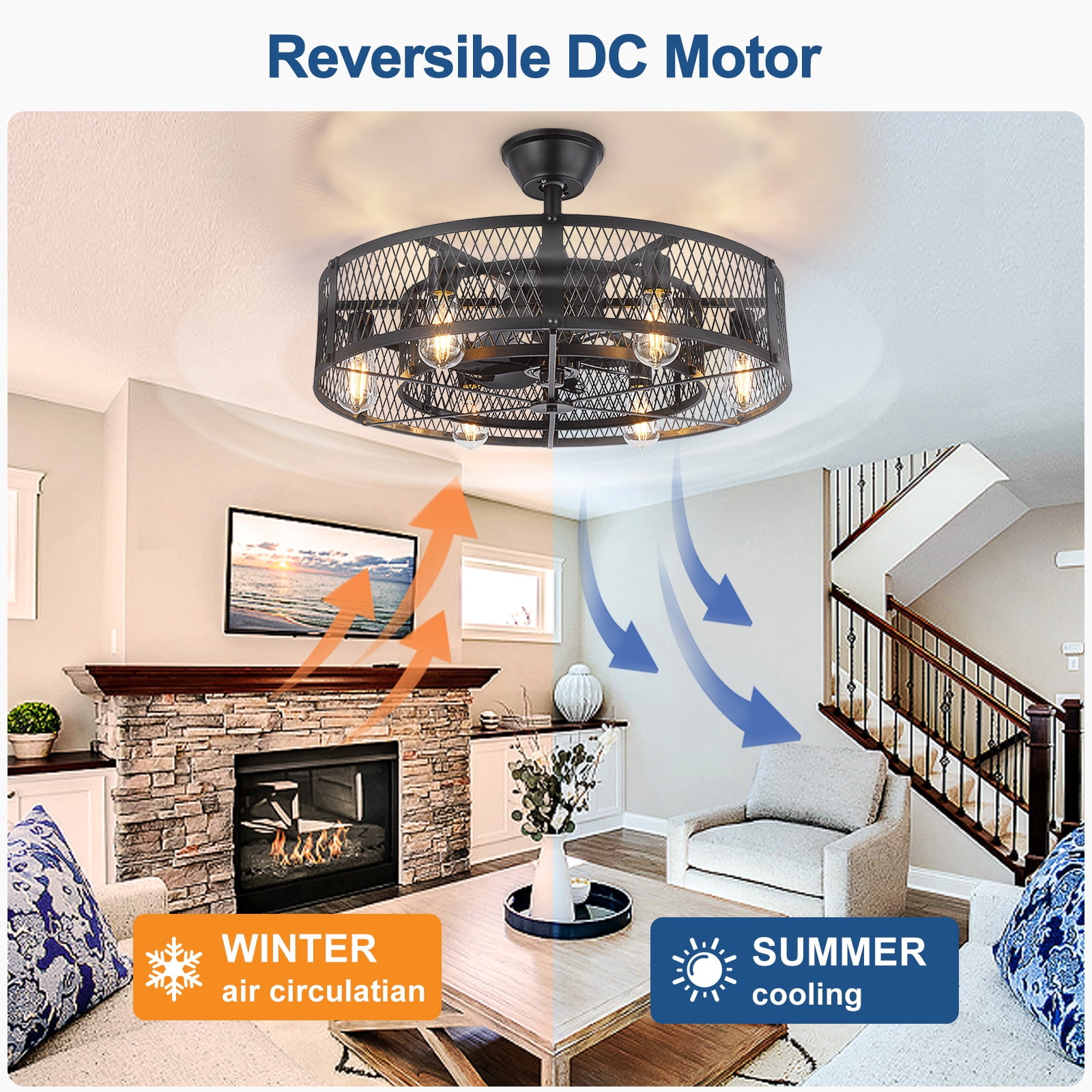 26-Inch Black Outdoor Ceiling Fan with Light: Ceiling Fan with Smart Remote Control, Farmhouse Cage Design, 6-Speed Reversible - Flush Mount for Patio, Kitchen, Bedroom