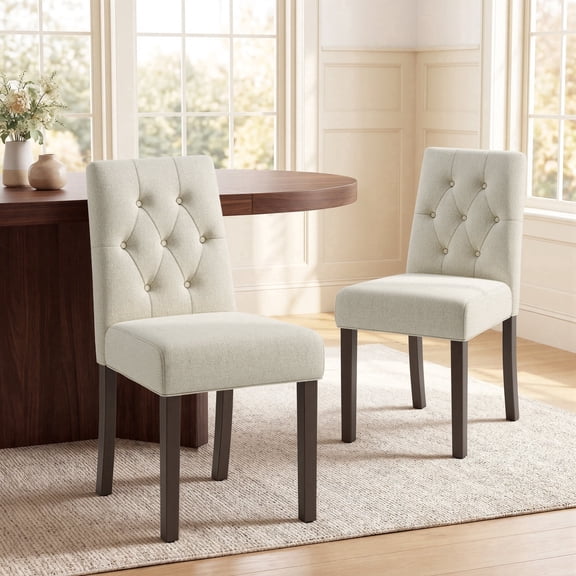 EOP Dining Chairs Set of 2, Modern Upholstered Fabric Dining Room Chairs, Armless Kitchen Side Chairs with Wood Legs and Padded Seat for Living Room, Bedroom, Kitchen, Beige