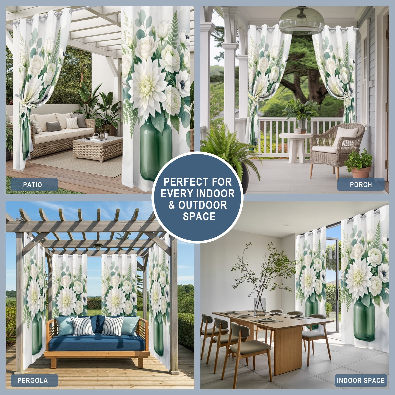 White Dahlia Rose Flower Outdoor Curtains for Patio, Eucalyptus Leaf Green Vase Botanical Sunshade Privacy Drapes Grommet Waterproof Outside Curtains for Porch/Cabana/Balcony 54"x 108", 1 Panel