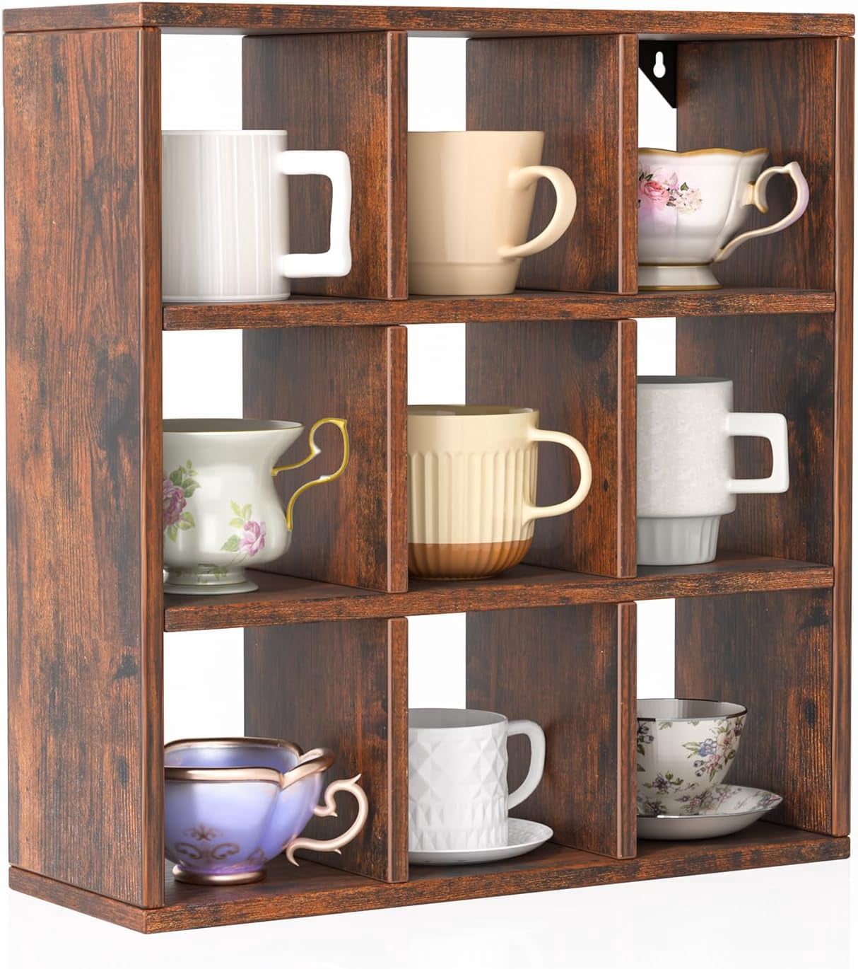 9 Grid Vintage Coffee Mug Display Rack, 16inch Wall Mounted Wooden Curio Shadow Box Shelf, Cup Floating Shelves Display and Organizer (Black)