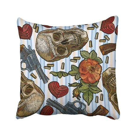 Gun Stripes (BPBOP Embroidery Skull Heart Guns And Roses Romantic In Blue Strip Dia De Muertos Gothic Wild Pillowcase Throw Pillow Cover Case 16x16)