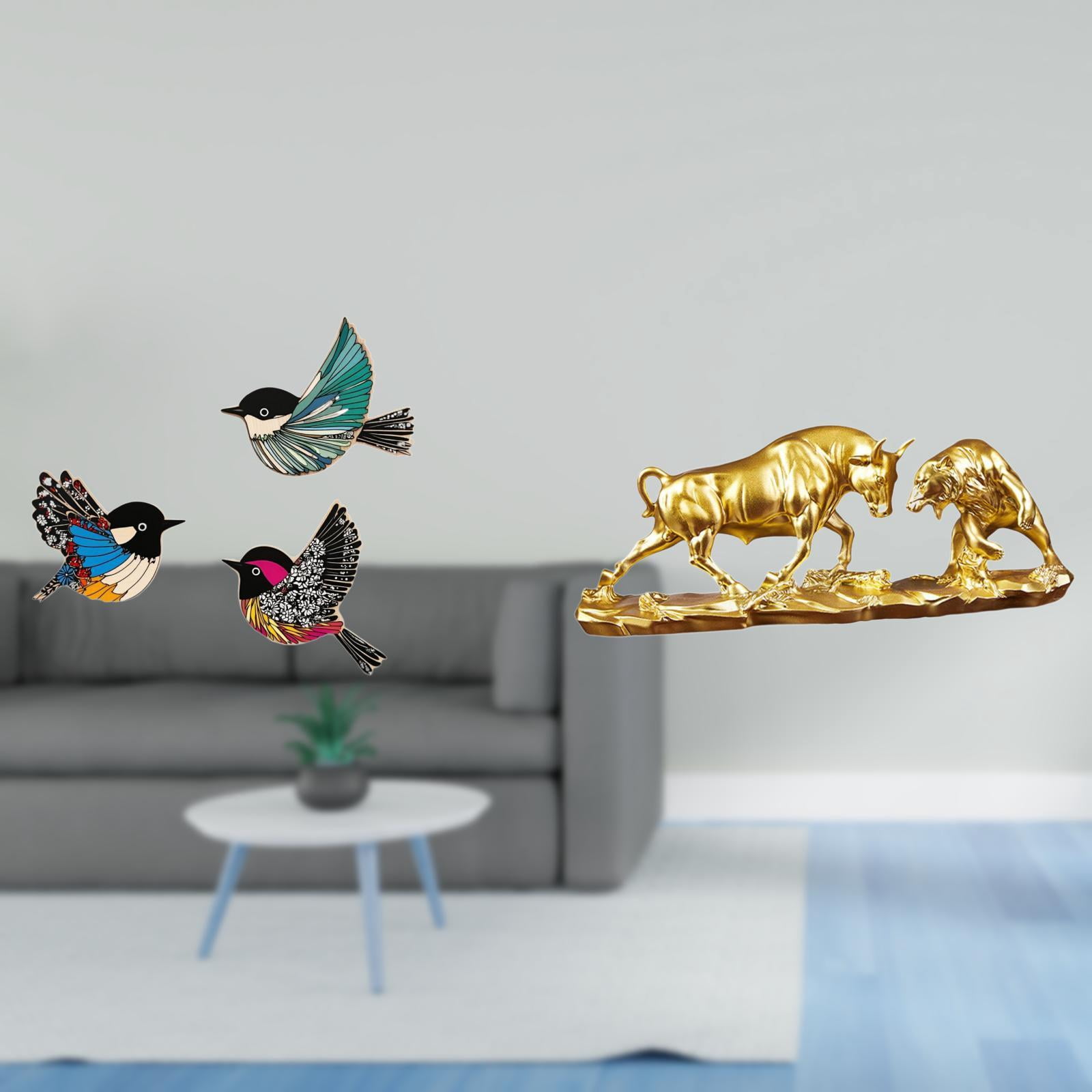 Dualoai Wooden Bird Wall Art and Bull Figurine Feng Shui Bear and Bull Statue Modern Artwork Chinese Cow Cattle Sculptures Animal Sculpture for Garden Study Room Farmhouse Desk Birthdays Gifts