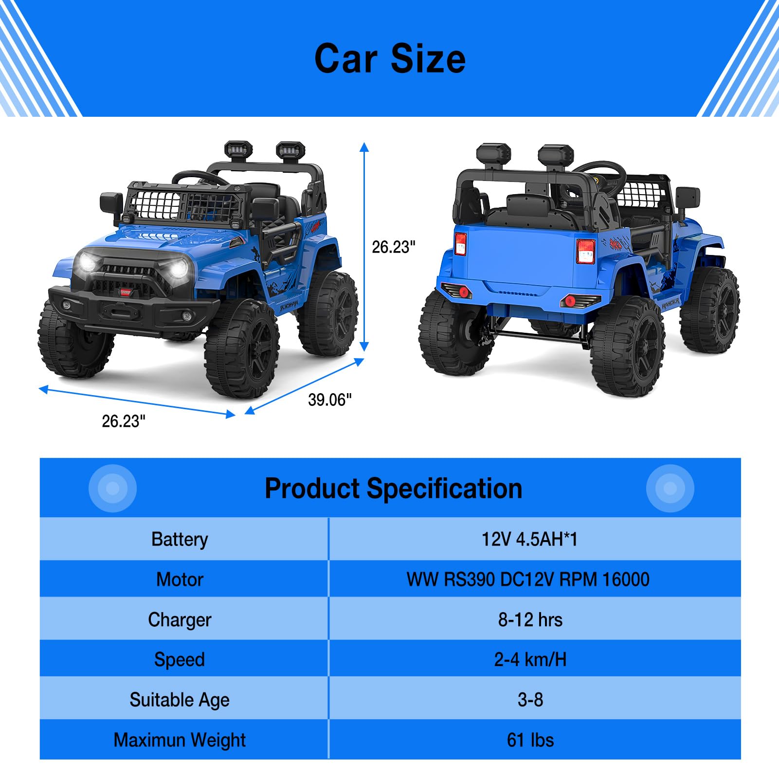 Ride on Truck Car 12V Kids Electric Mini Jeep with Remote Control Spring Suspension, LED Lights, Bluetooth, 2 Speeds (Blue) - image 3 of 8