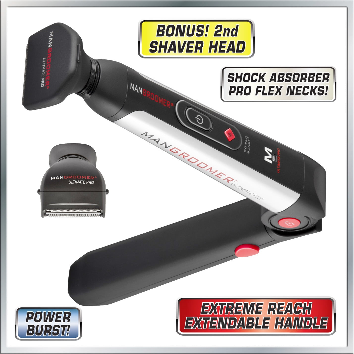 MANGROOMER ULTIMATE PRO Back Shaver with 2 Flex Heads, Extreme Reach  Handle, Power Hinge and Power Burst 