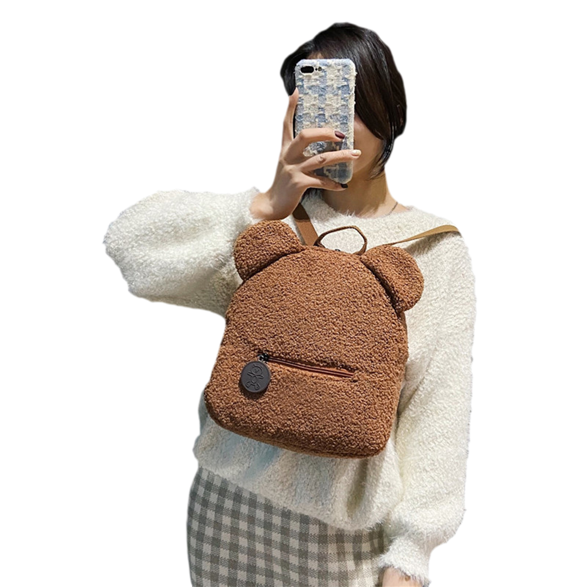 Puloru Women Girls Cute Bear Ear Fleece Solid Color Small Backpack Daypack - image 5 of 5