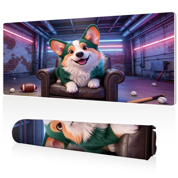 LIVEKEY Extra Large Gaming Mouse Pad 80x40x0.3cm Corgi in Neon Lit Industrial Room with Sports Equipment Design Full Desk Coverage Non Slip Durable Easy Clean Stitched Edges for Gaming and Office