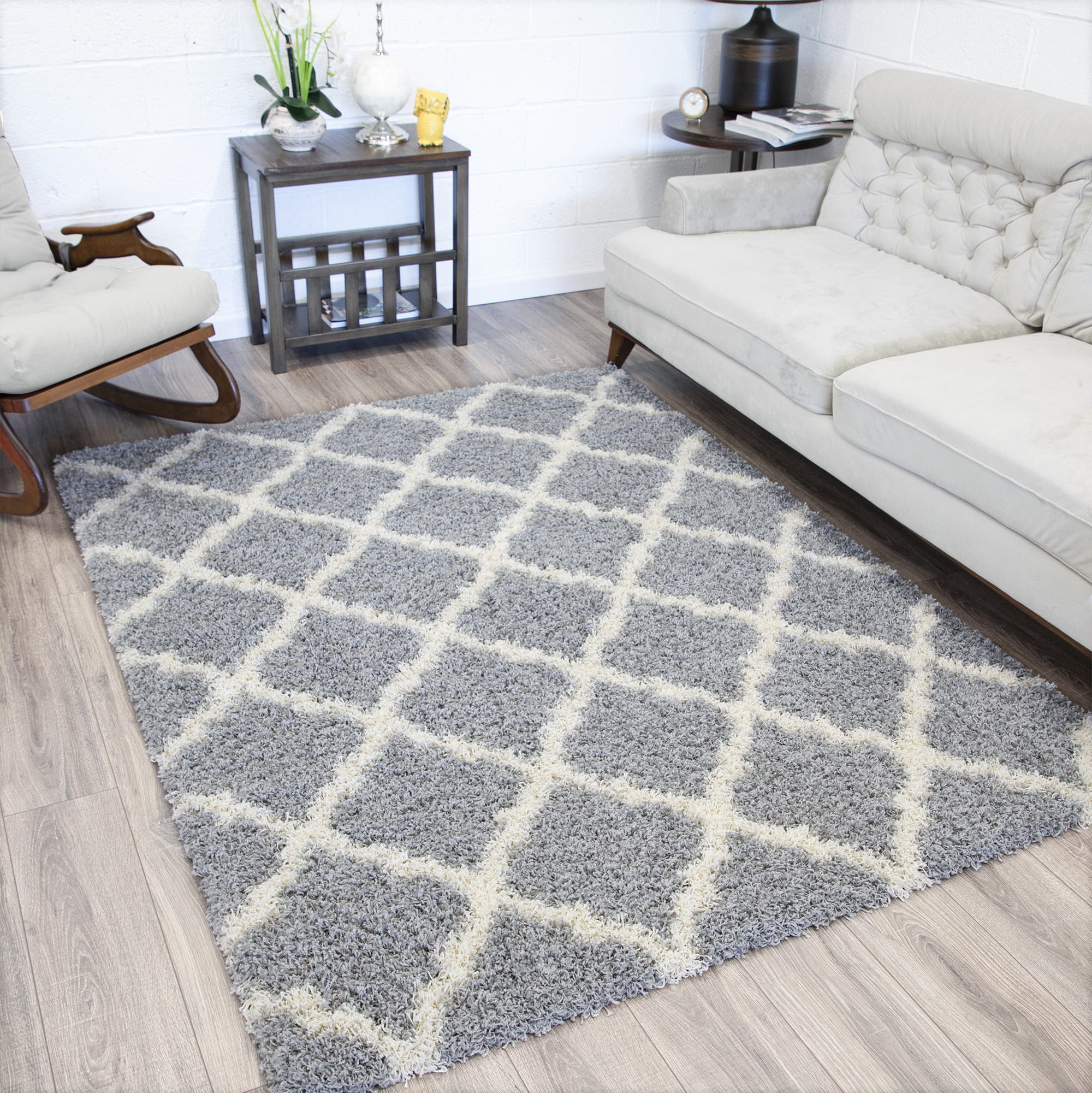 Cream Shaggy Rug Moroccan Trellis Living Room Rugs Thick Non Shed Bedroom Mats