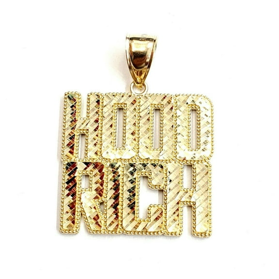 New 10k yellow Gold Hood Rich word Pendant charm diamond cut fine jewelry 7.2g