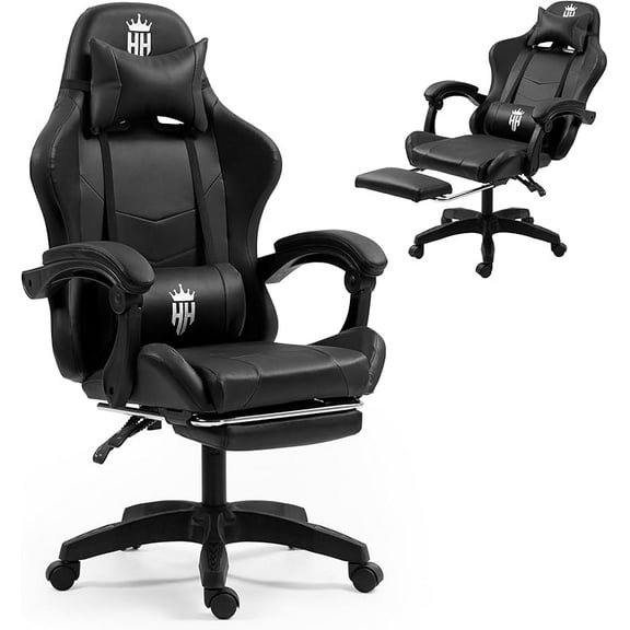 Gaming Chair with Footrest Ergonomic Computer Chair for Adult, Adjustable Headrest, Lumbar Pillow, Large Size Reclining Gaming Chair Big and Tall with Linkage Armrest for Home, Office, Gaming