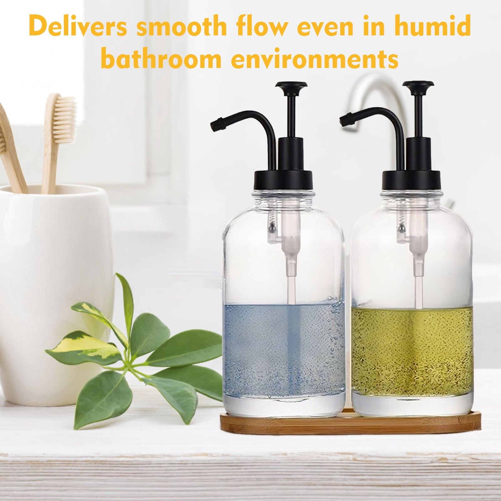 GIRACOA Glass Soap Dispenser with Black Pump, 2 Pack Clear Foam Pump Soap Dispenser with Bamboo Tray 500ml 18oz / Each Bottle
