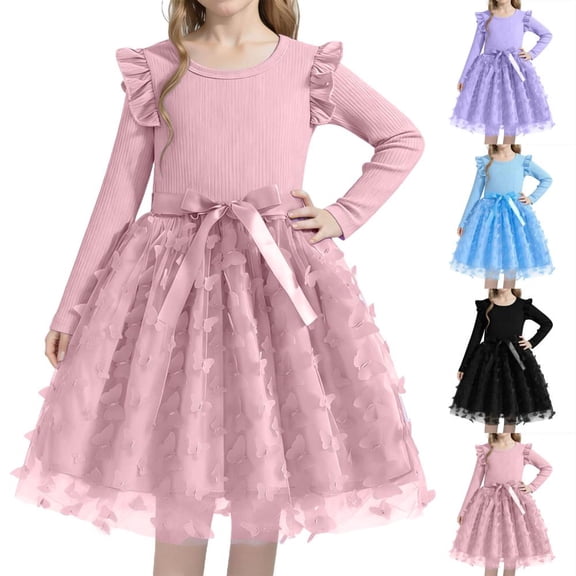Bxsruta Girls Long Sleeve Mesh Yarn Princess Dress Toddler Round Neck Flowy Birthday Party Wear for Kids Ages 1-8 Years