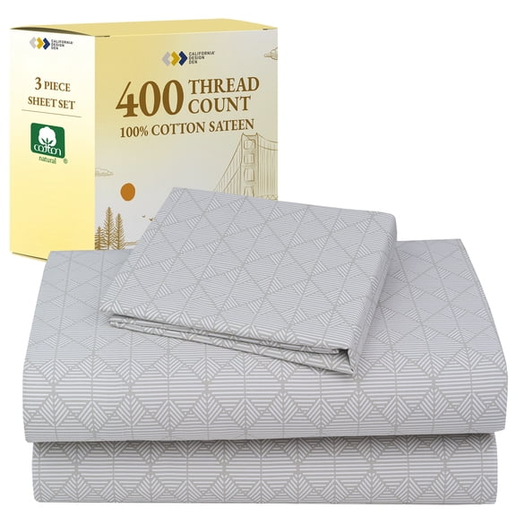California Design Den 400 Thread Count Twin XL Sheet Set - 100% Cotton Sateen, Adult/Teen Twin XL Sheets for Adjustable Bed, Dorms and College, 3 Piece Bed Sheet Set - Taupish-Sage Crosshatch Print