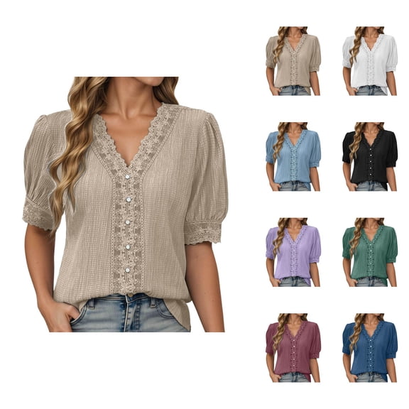 T Shirts for Women Summer Lightweight Short Puff Sleeve V Neck Tshirts Dressy Casual Work Shirt Blouses