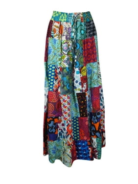 Mogul Women Flared Maxi Skirt Patchwork Printed Cotton Ethnic Summer Style Skirts