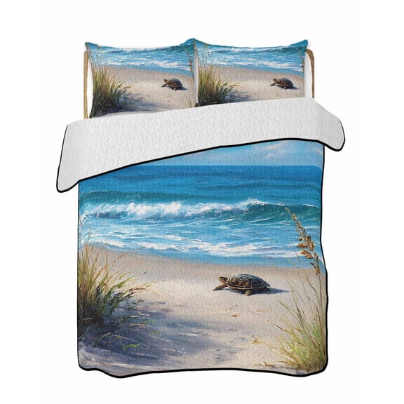 Quilts Full Size Bedding Set, Beach Coastal Lightweight Quilted Comforter, Summer Nautical Seaside Ocean Sea Turtle Soft Reversible Bedspread Coverlet with Pillow Covers for All Season, 78" x 90"