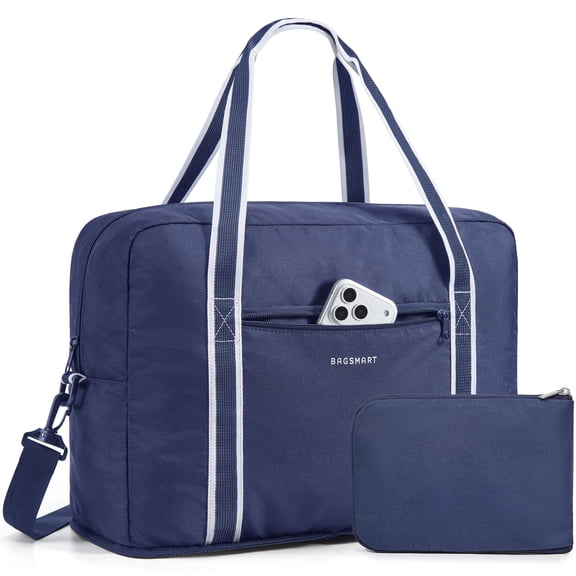 BAGSMART Foldable Travel Duffel Bag for Airline 18x14x8, Foldable Weekend Overnight Bag Tote Carry on Luggage, Unisex, Navy Blue