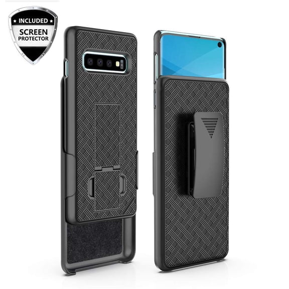 Compatible for Samsung Galaxy S10e Case, with Temper Glass Screen Protector Holster Shell Swivel Belt Clip Phone Cover (Black)