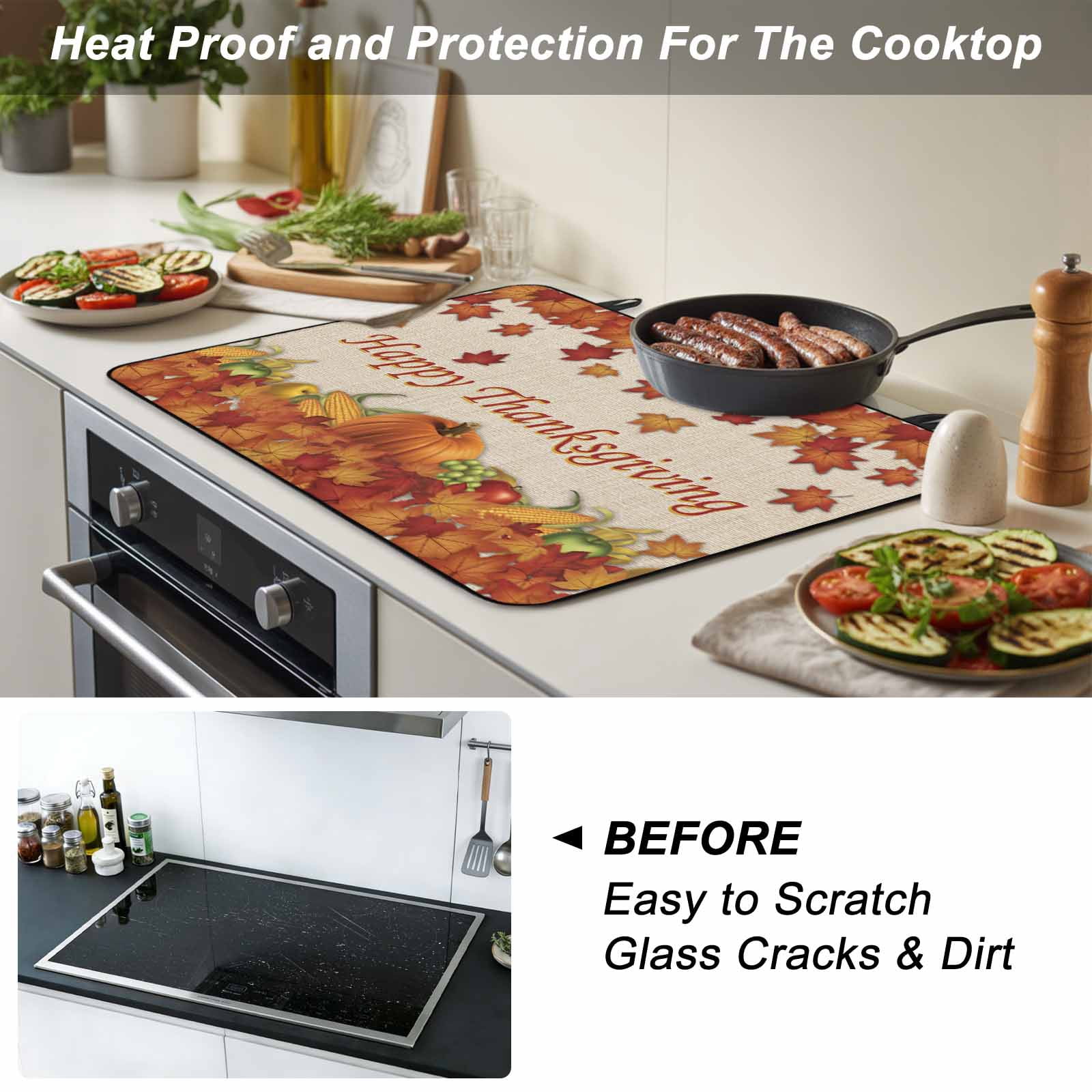 Orange Maple Stove Top Cover for Electric Stove, Heat-proof & Non Slip Glass Top Stove Cover Protector, Thanksgiving Pumpkin Autumn Fruit Vintage Kitchen Flat Cooktop Rubber Mat 24x21 Inches