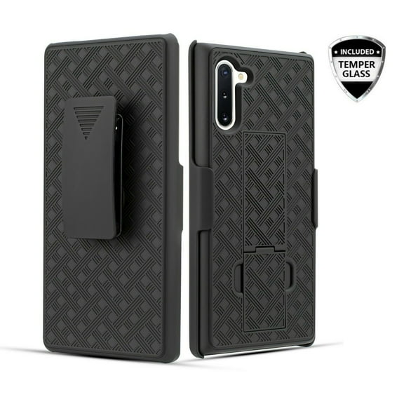 for Samsung Galaxy Note 10 ONLY    Temper Glass Case Heavy Duty Shock Absorption Kickstand Armor Case with Belt Swivel Clip Holster Cover (Black)