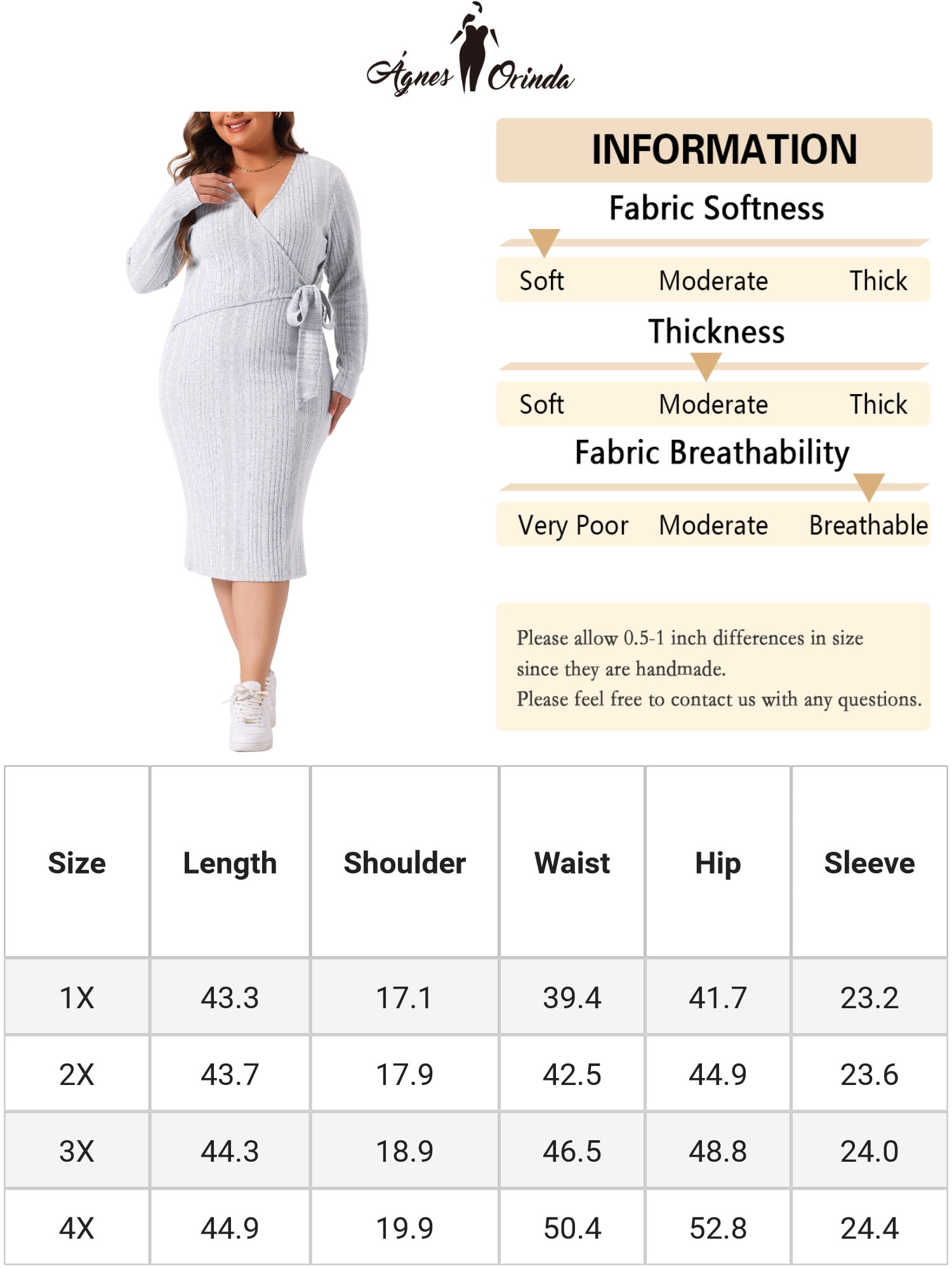 DARING DIVA Plus Size Sexy Wrap V Neck Long Sleeve Midi Dress 2X Light Gray