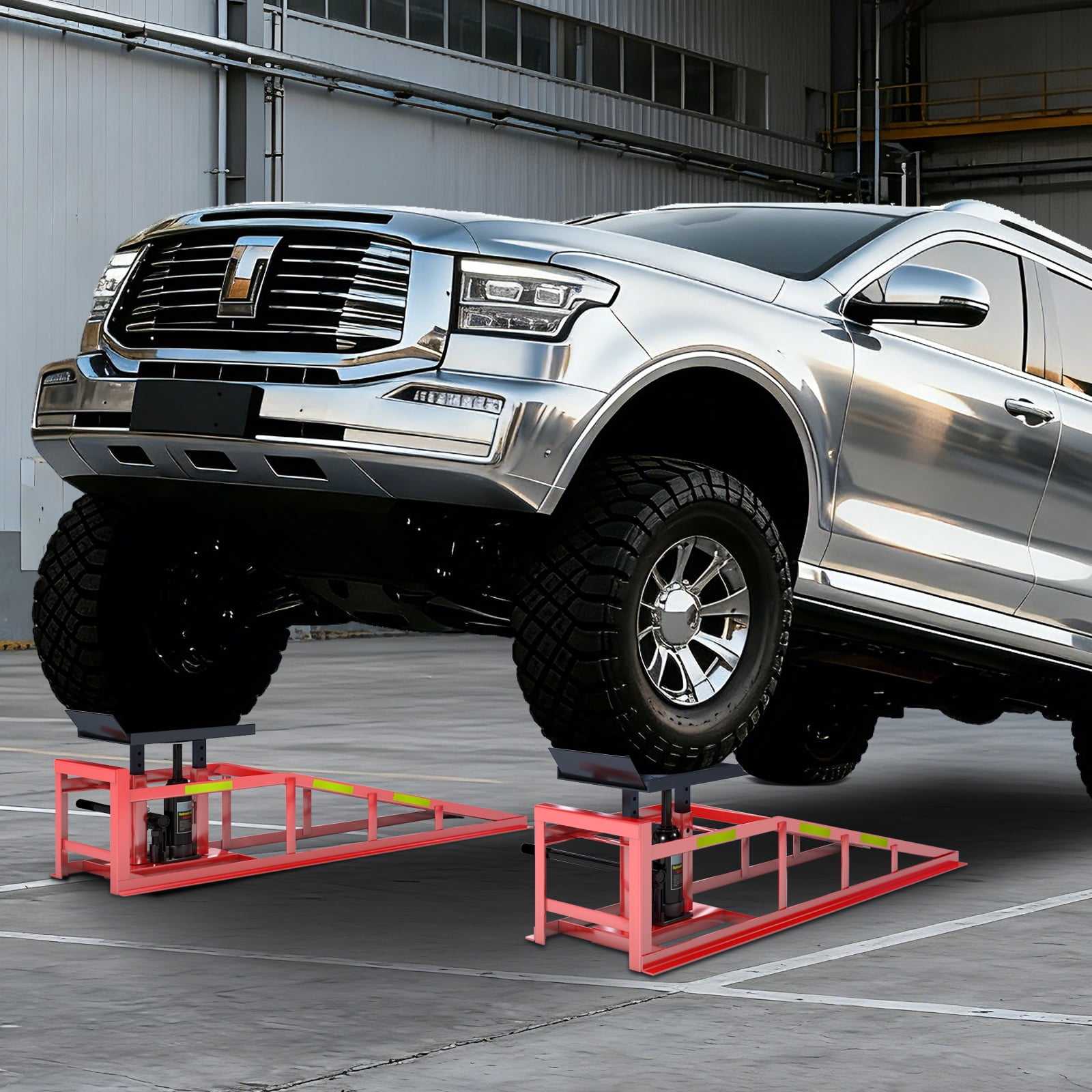 Hydraulic Car Ramps for Oil Change, 5 Ton (11,000 lbs) Heavy Duty Garage Ramps, Adjustable 9.8-15 Inch Lift with Reflective Strips, 2 PCS Red Vehicle Service Ramps