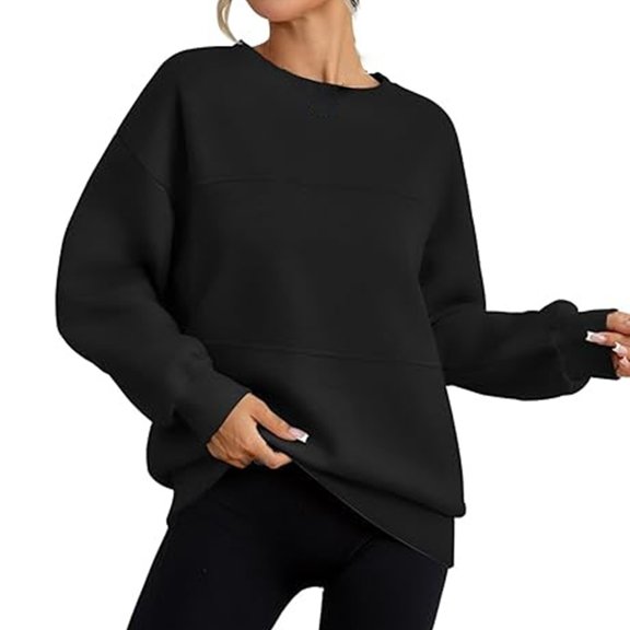ManxiVoo Women's Crewneck Sweatshirt Long Sleeve Loose Fit Casual Pullover Top Spring Fall Essentials L Size Black
