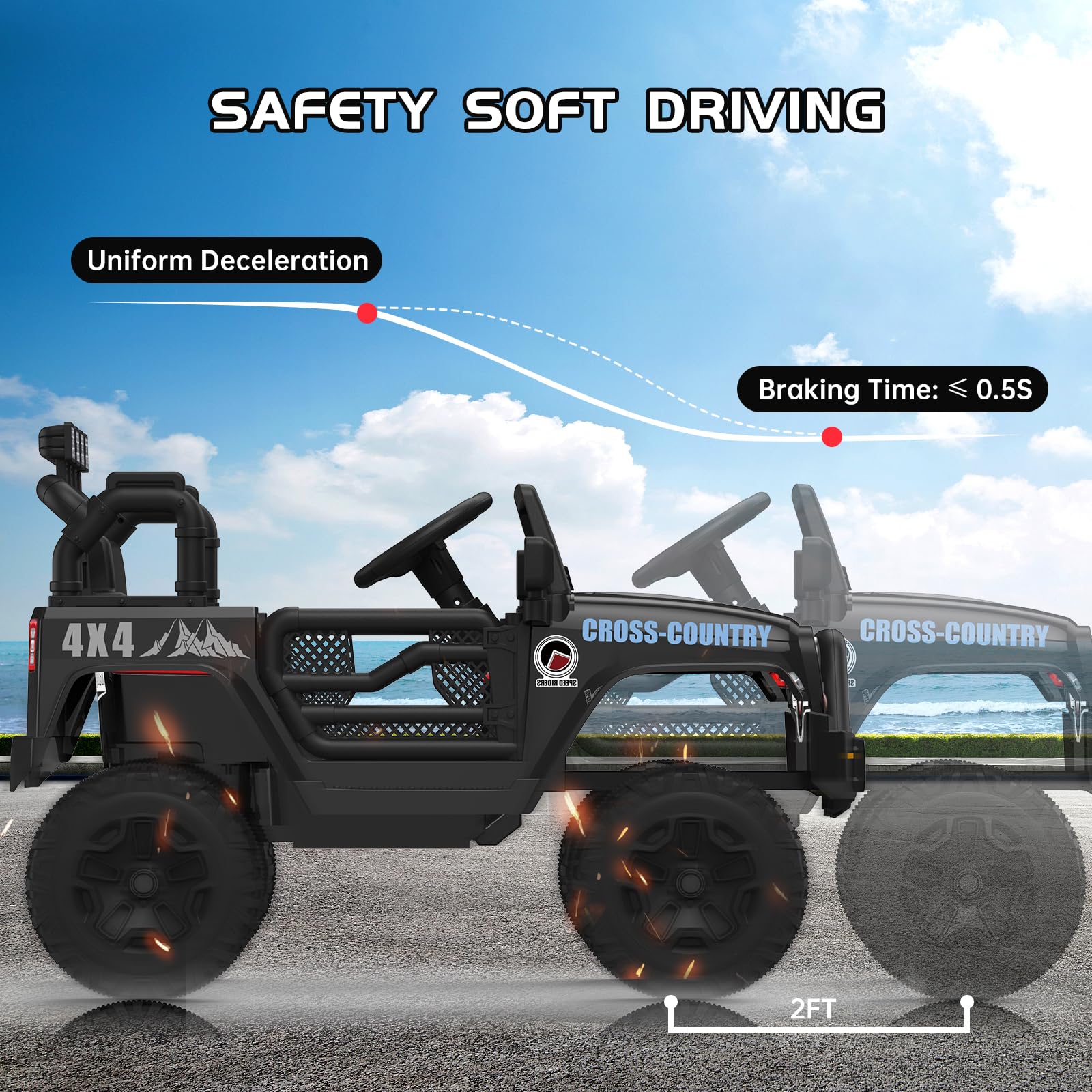 Garvee Ride On Car Truck, 12V Battery Electric Kids Toy with Remote Control, LED Lights and Realistic Horns, Black