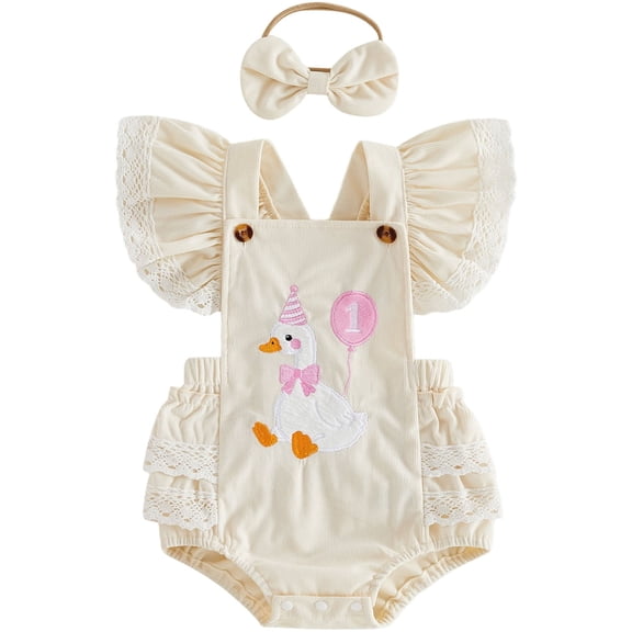 Cenuakty Baby Girls Birthday Romper Cute Goose/Elephant Embroidery Flutter Sleeves Jumpsuit and Headband Set Fashion Clothes