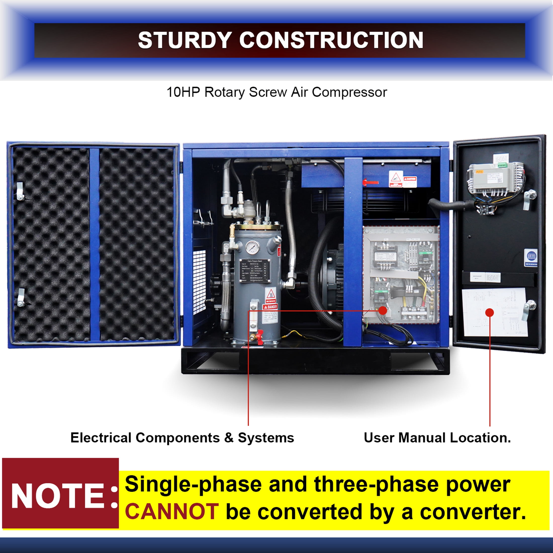 10HP Rotary Screw Air Compressor,  34CFM 125PSI, 230V 60Hz 3-Phase Variable Speed Frequency Industrial Air Compressor System, with PLC Touch Controller, Low Noise, Efficient Cooling System