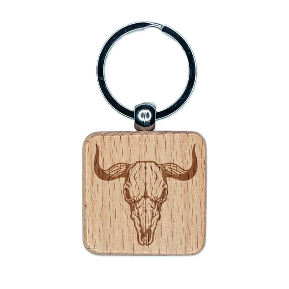Bull Skull Square Keychain Charm Tag - Engraved Wood