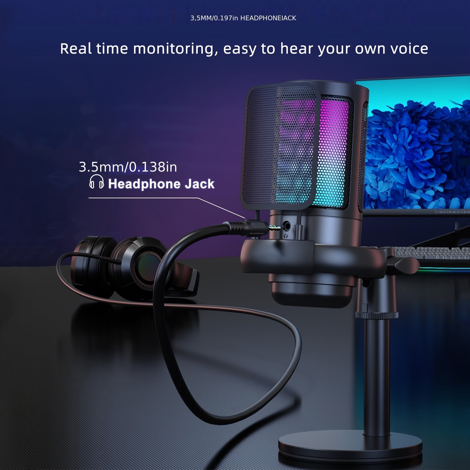 USB Microphone for Gaming on PC And PS4/5, Featuring a Condenser Mic with Instant Mute, RGB Light, Tripod Stand, Pop Filter, Shock Mount, And Gain Control, Ideal for Podcasts, Videos, And Streaming